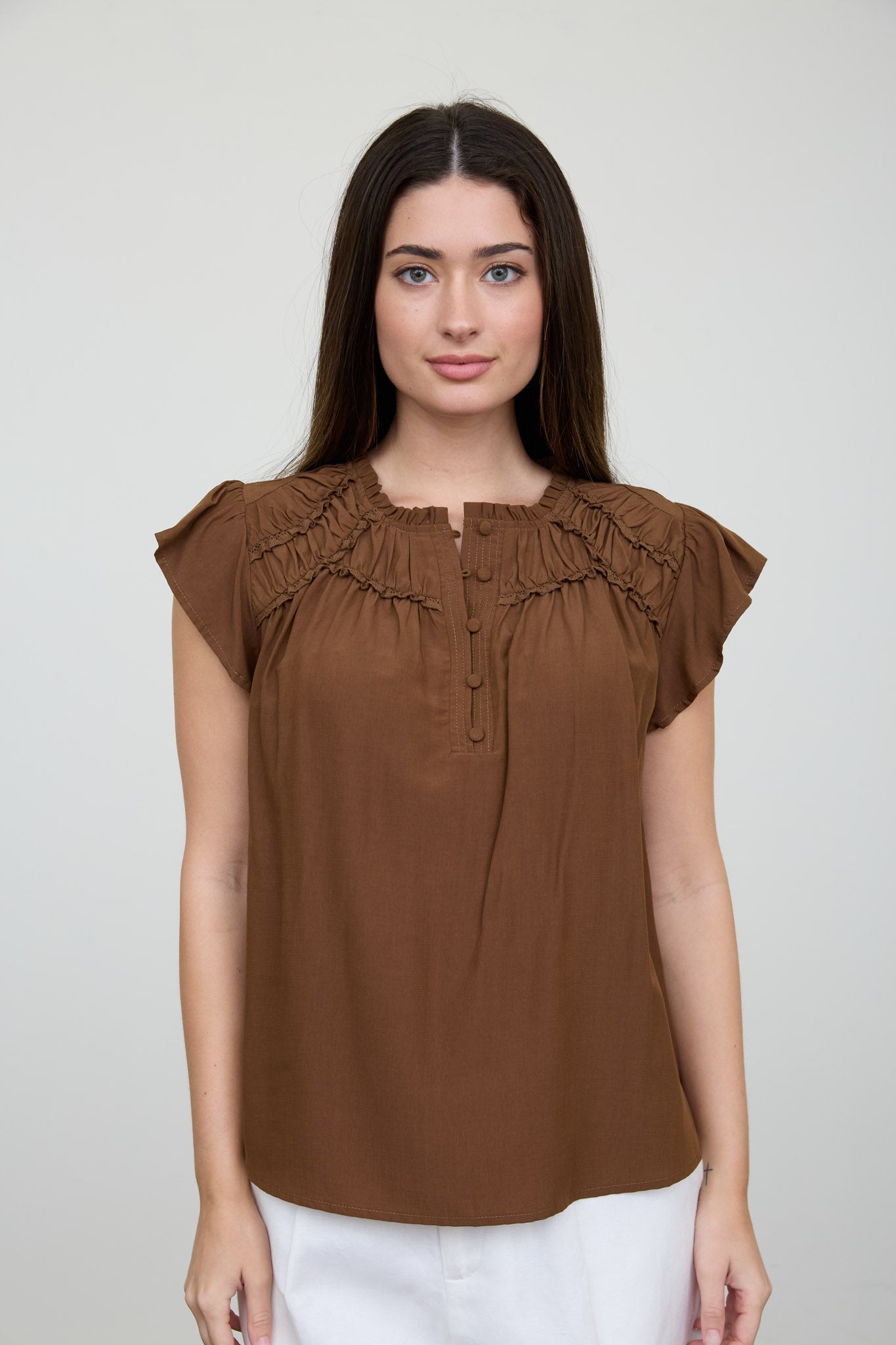 Brown flutter sleeve blouse front