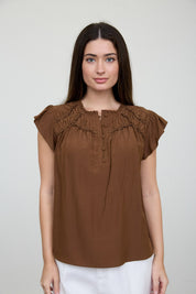 Brown flutter sleeve blouse front