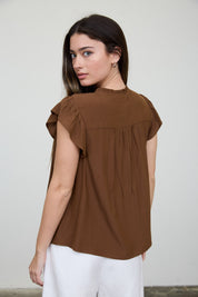 Brown flutter sleeve blouse back