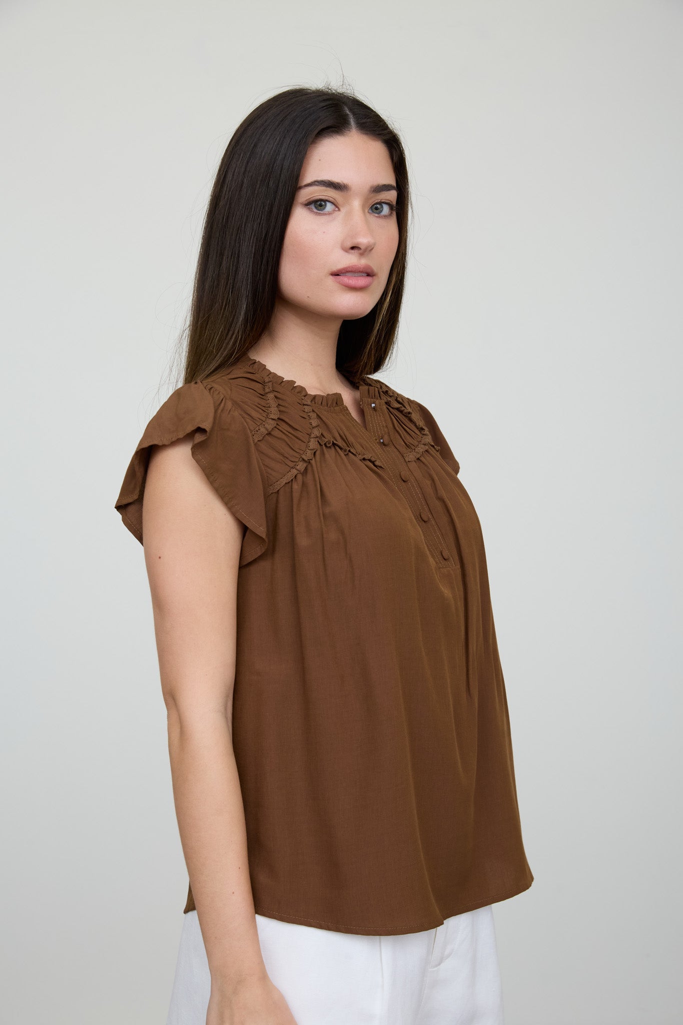 Brown flutter sleeve blouse side