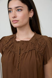 Brown flutter sleeve blouse ruffled yoke detail