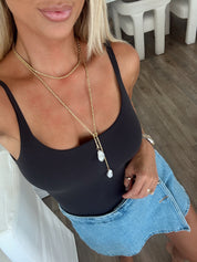 Gold Pearl Drop Lariat Necklace