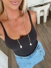 Gold Pearl Drop Lariat Necklace