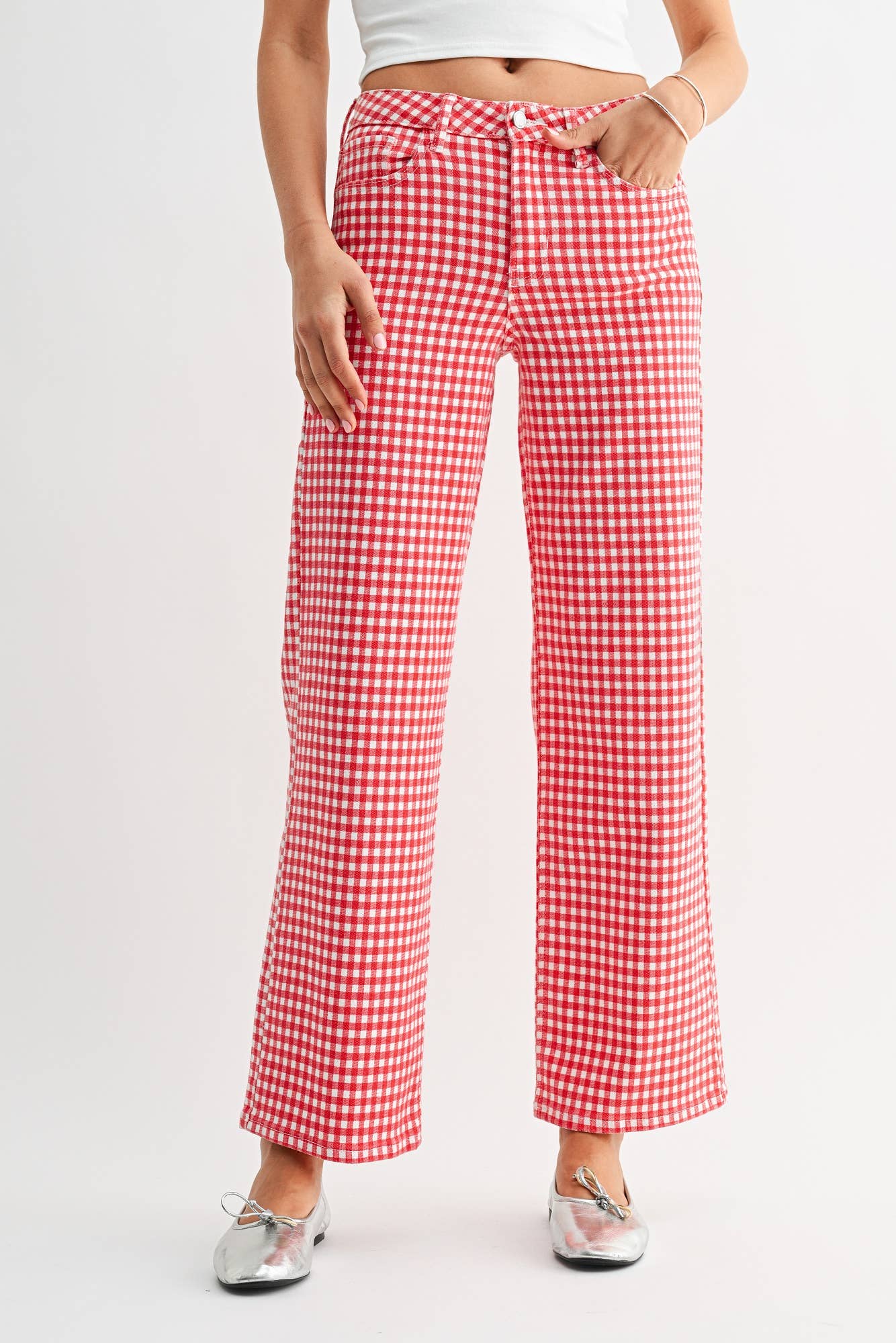 Red Gingham High Rise Full Length Straight