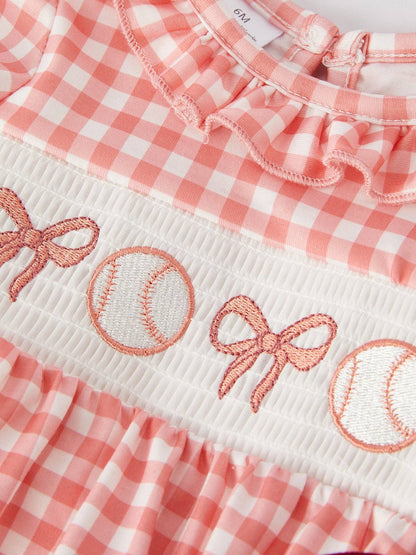 Girls Baseball Bow Smocking Embroidery Plaid