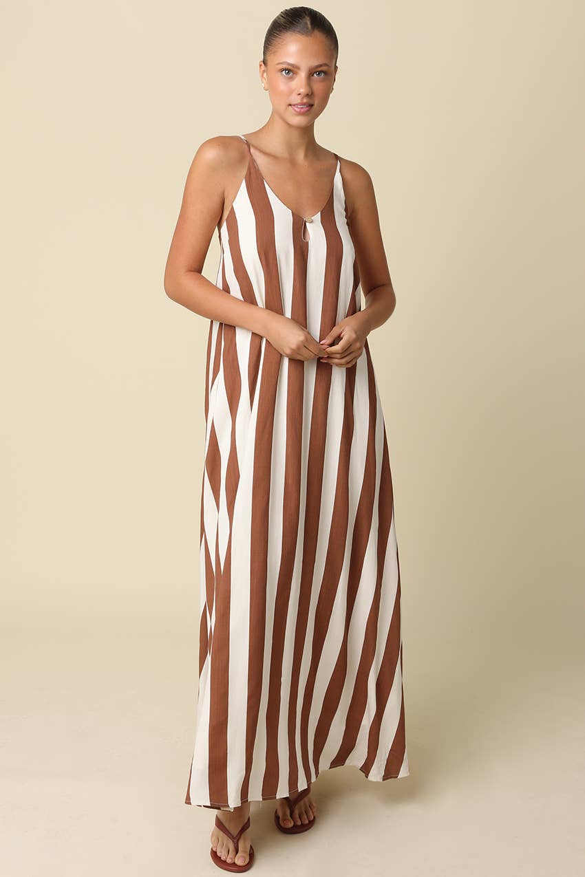 Brown & Cream Stripe Open-Back Maxi Dress