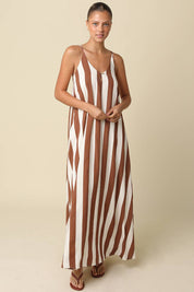 Brown & Cream Stripe Open-Back Maxi Dress
