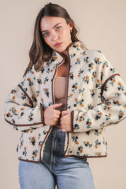 White Floral Printed Fleece Sherpa Jacket