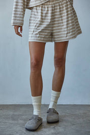 Beige & White Knit Striped Shorts