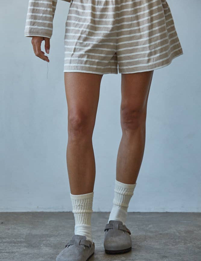 Beige & White Knit Striped Shorts