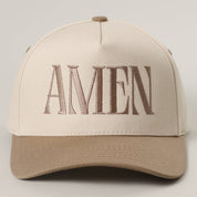Beige Amen Hat — “amen” lettering across the front and color: beige