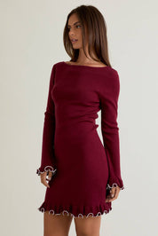 Burgundy Boat Neck Ruffle Hem Sweater Dress