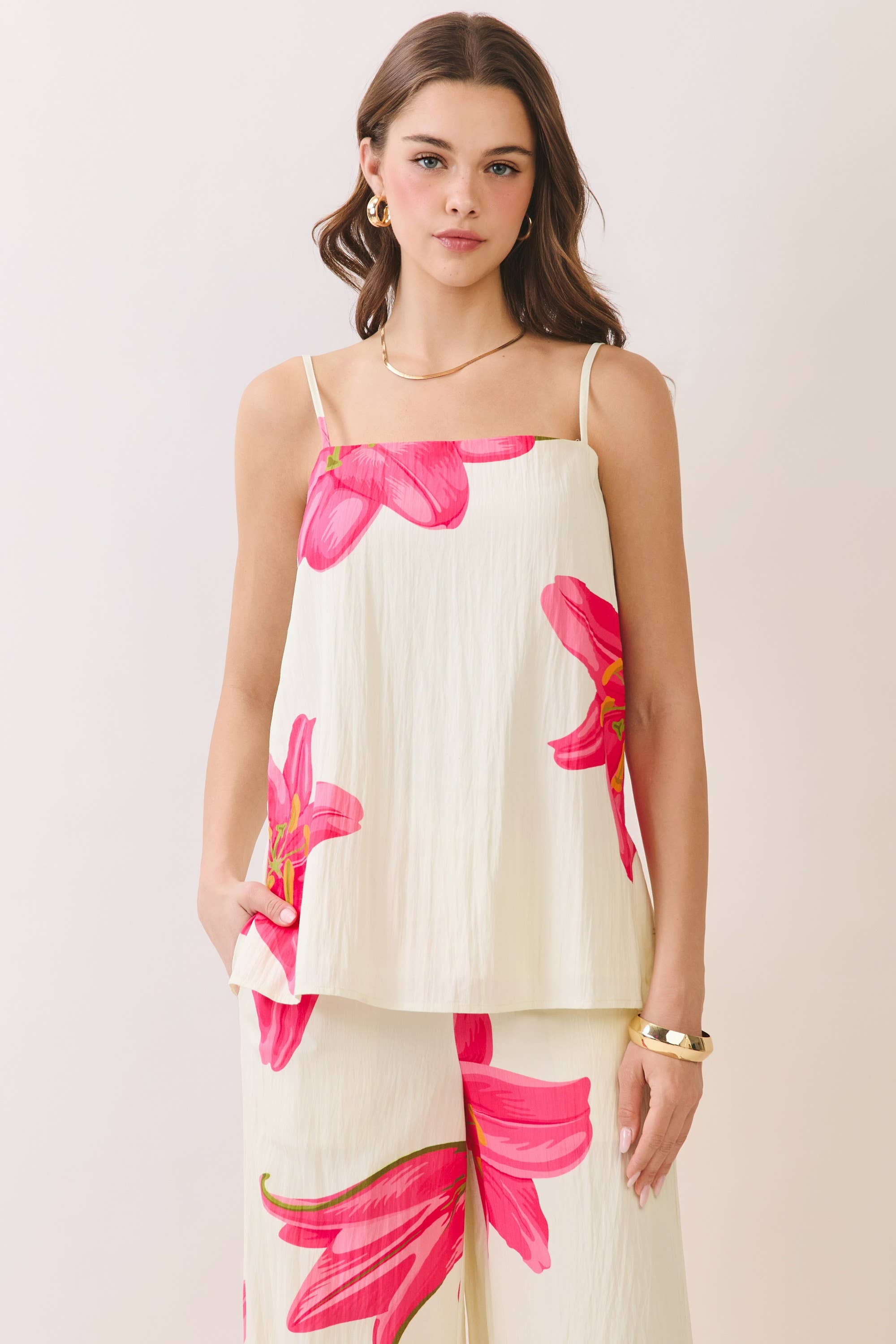 Cream Floral Print Cami Pants Set