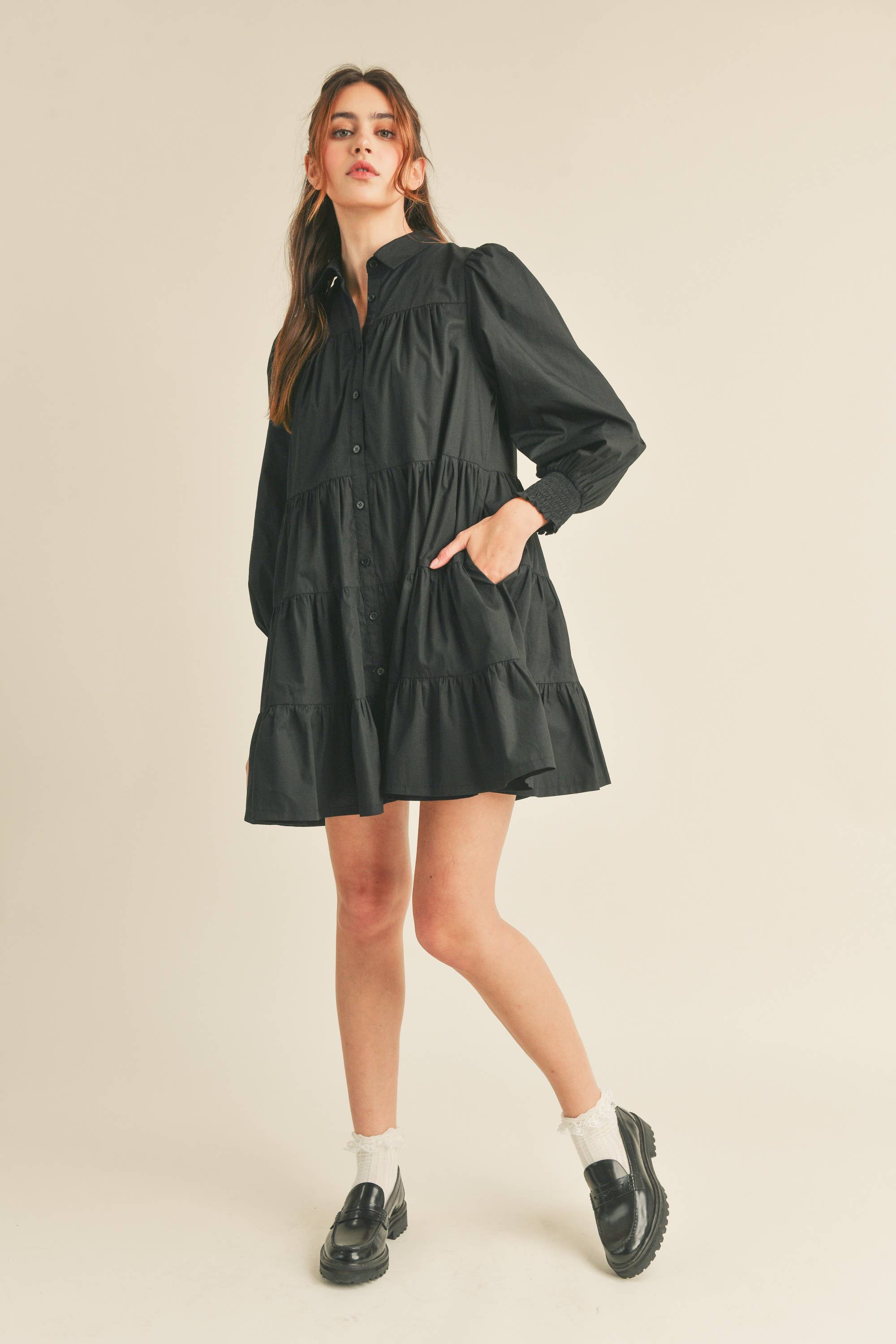 Black Tiered Button Down Mini Dress