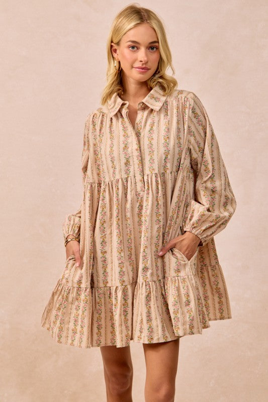 Cream Floral Print Buttoned Shirt Dress