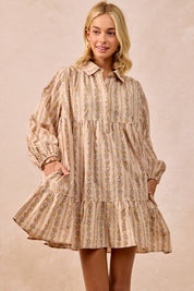 Cream Floral Print Buttoned Shirt Dress