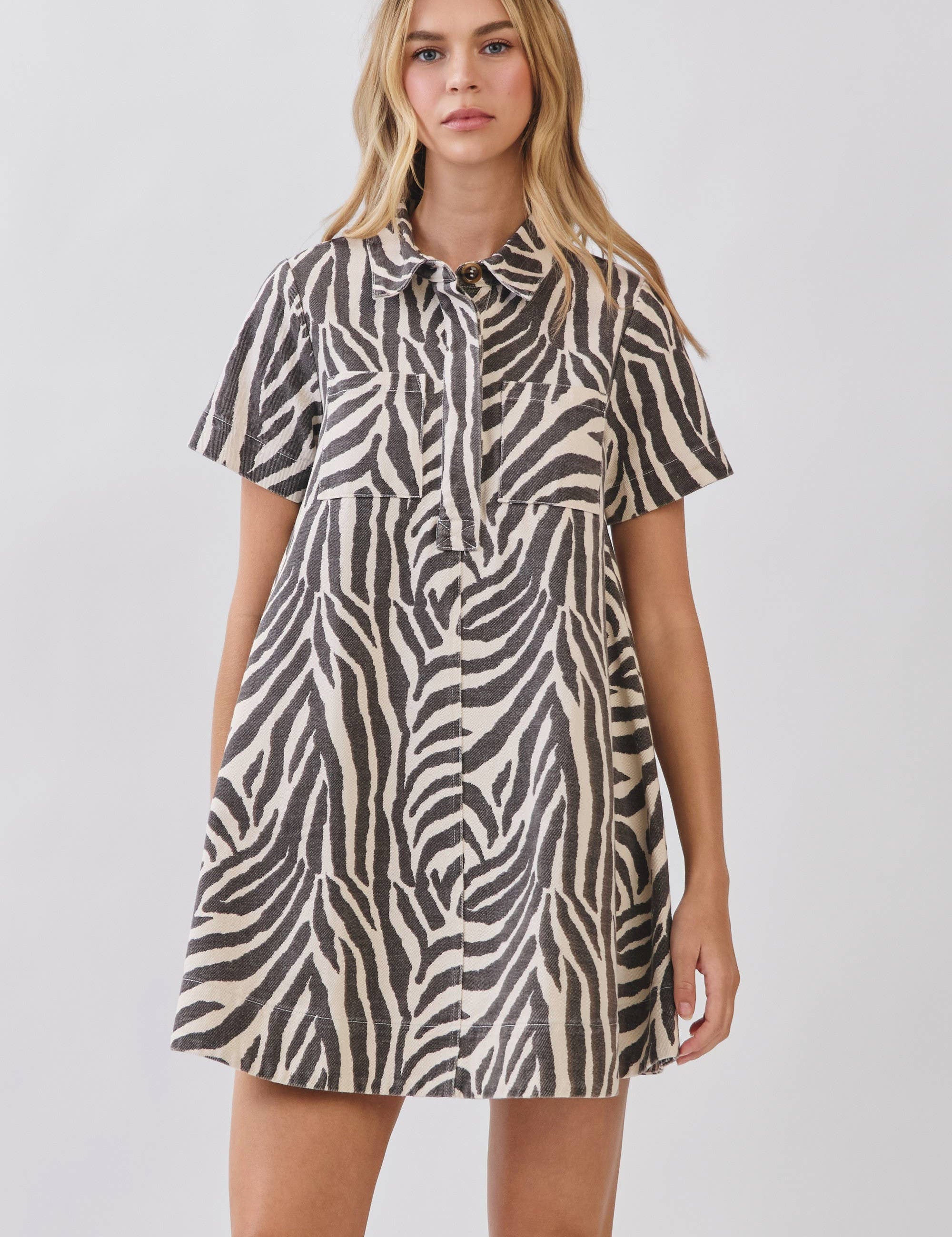 Zebra Print Button Collared Mini Dress showing collared