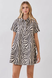 Zebra Print Button Collared Mini Dress showing collared