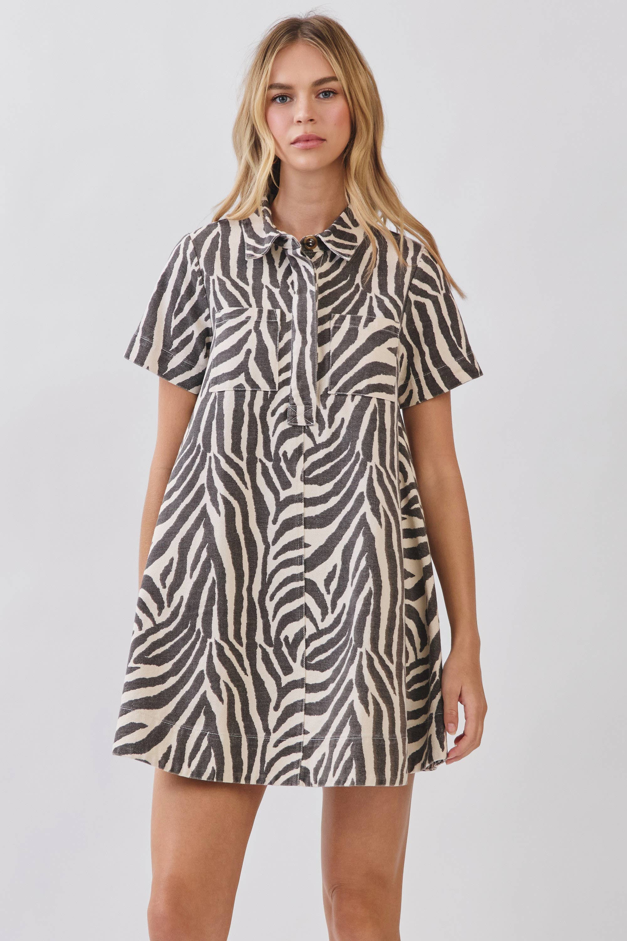 Zebra Print Button Collared Mini Dress showing collared