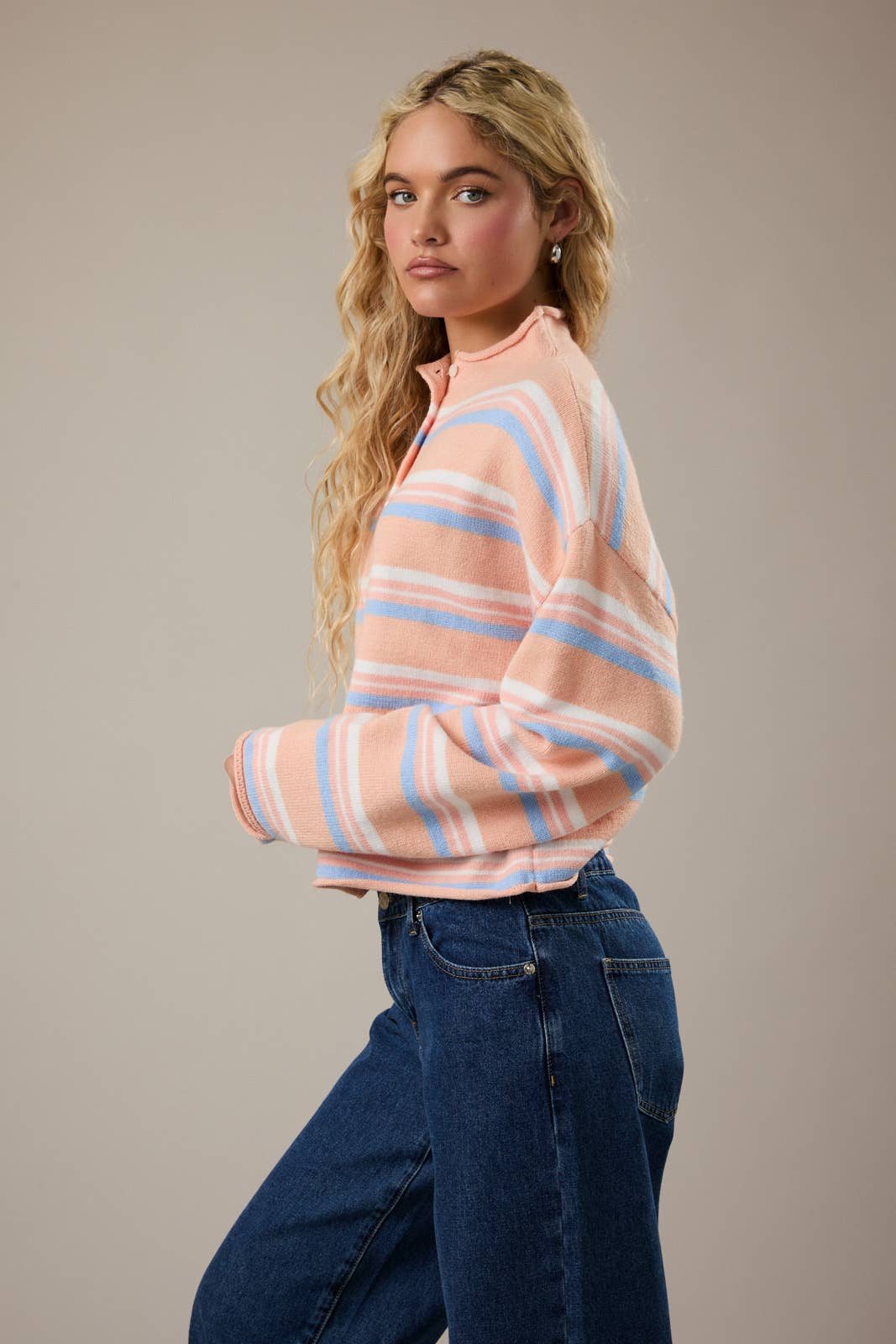 Pink Striped Rolled Hem Cardigan