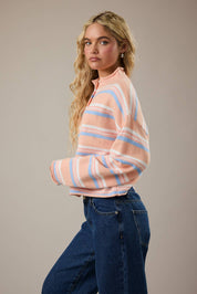 Pink Striped Rolled Hem Cardigan