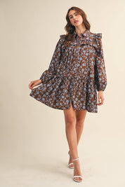 Brown Ruffle Trim Button Down Mini Dress