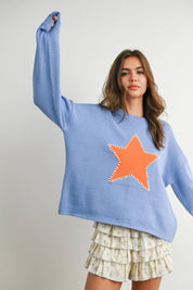 Blue Drop Shoulder Star Pattern Sweater