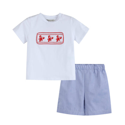 White Crawfish Smocked Tee and Denim Look Shorts Baby