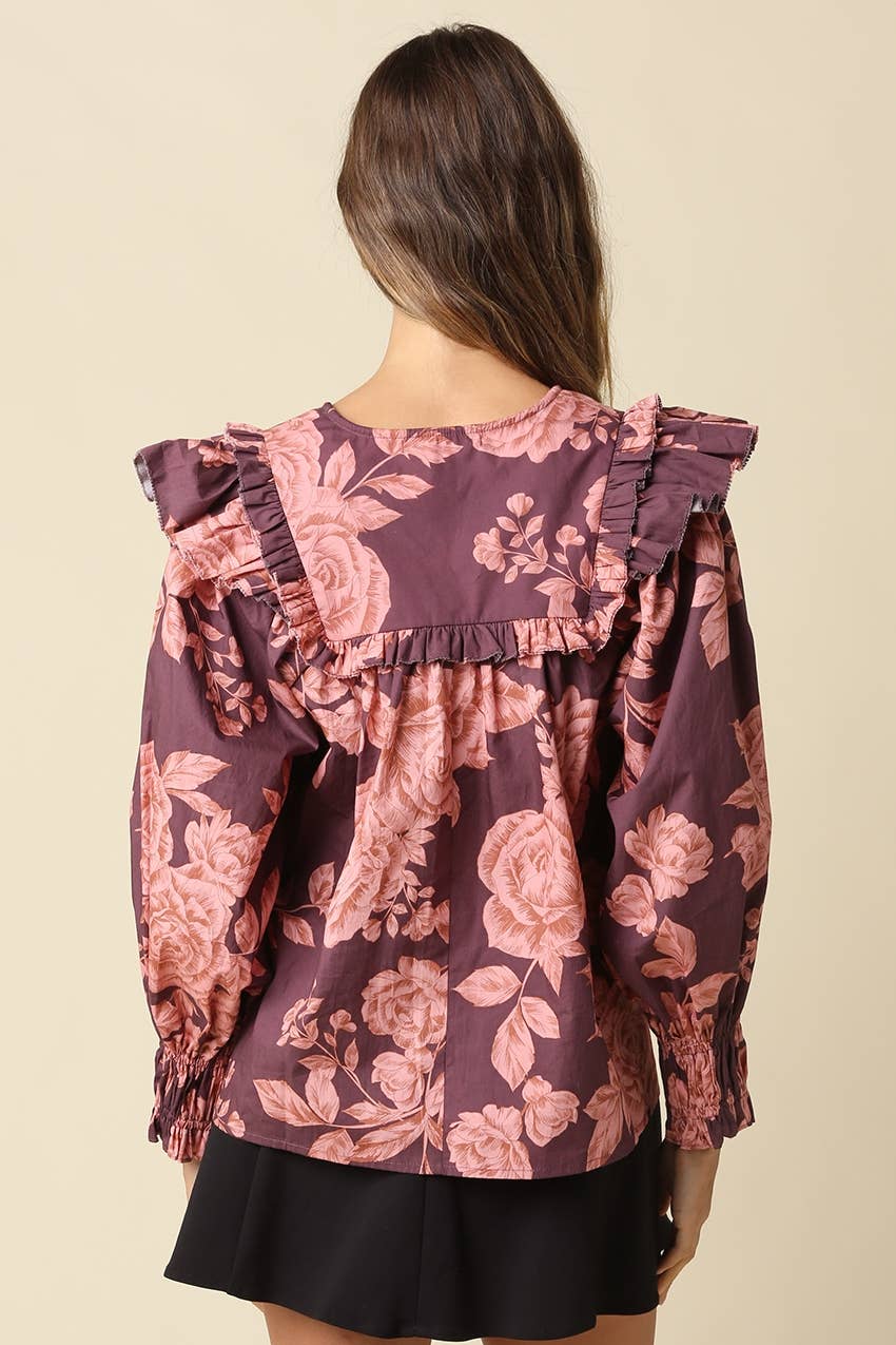 Purple & Pink Floral Print Ruffle Blouse showing balloon sleeves