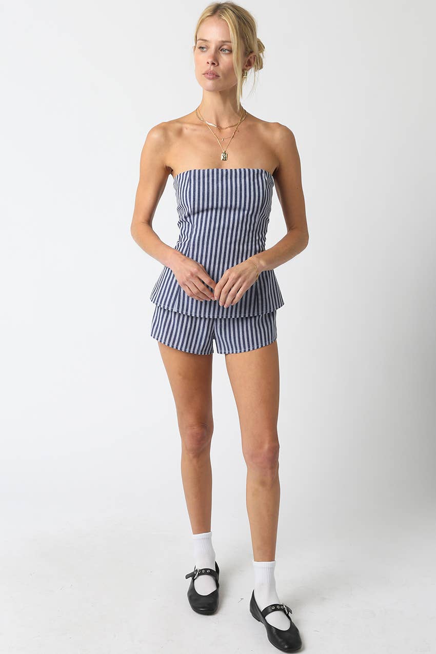 Blue Striped Peplum Top & Shorts Set