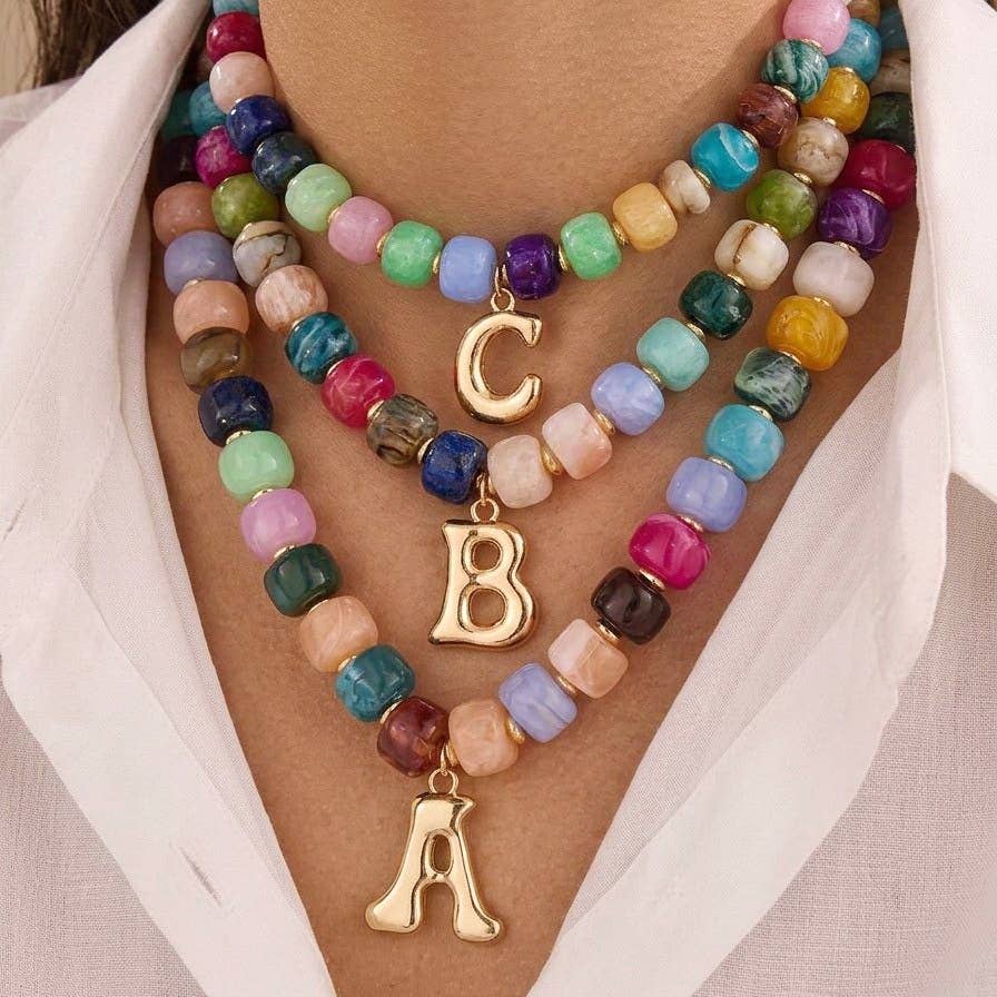 Multicolor Chunky Bead Initial Necklace