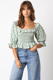 Blue Floral Linen Puff Sleeve Top