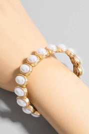 Metallic Set Oval Pearl Beads Elastic Bracelet