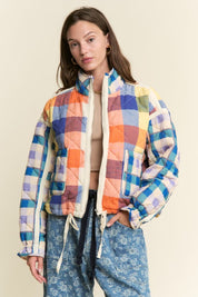 Blue Multi-color Plaid Puffer Jacket