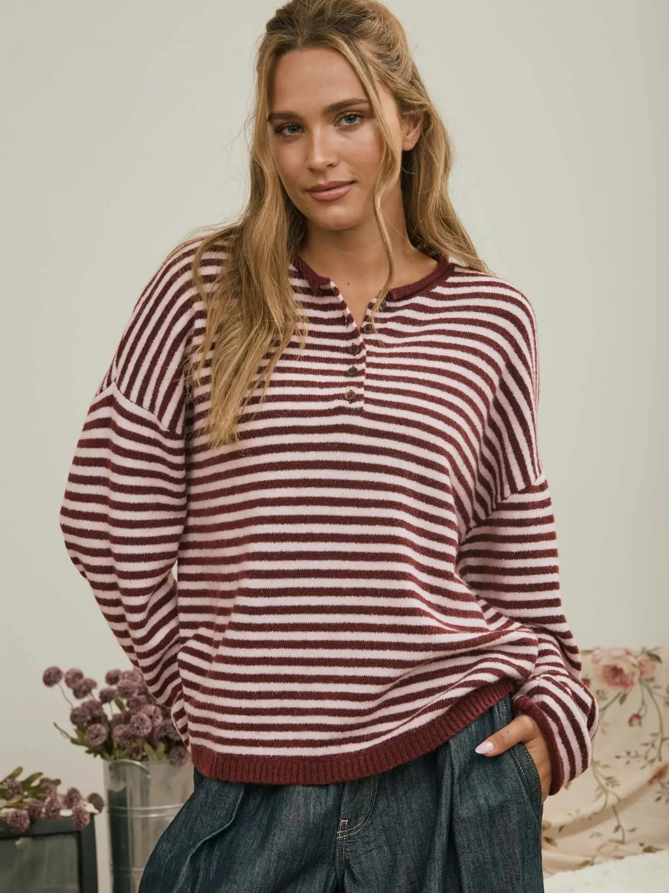 Burgundy Striped Drop Shoulder Pullover