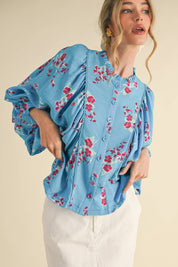 Blue Floral Dolman Sleeve Blouse