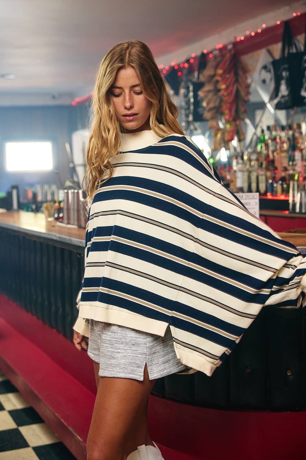 Navy Striped Oversized Crewneck Top