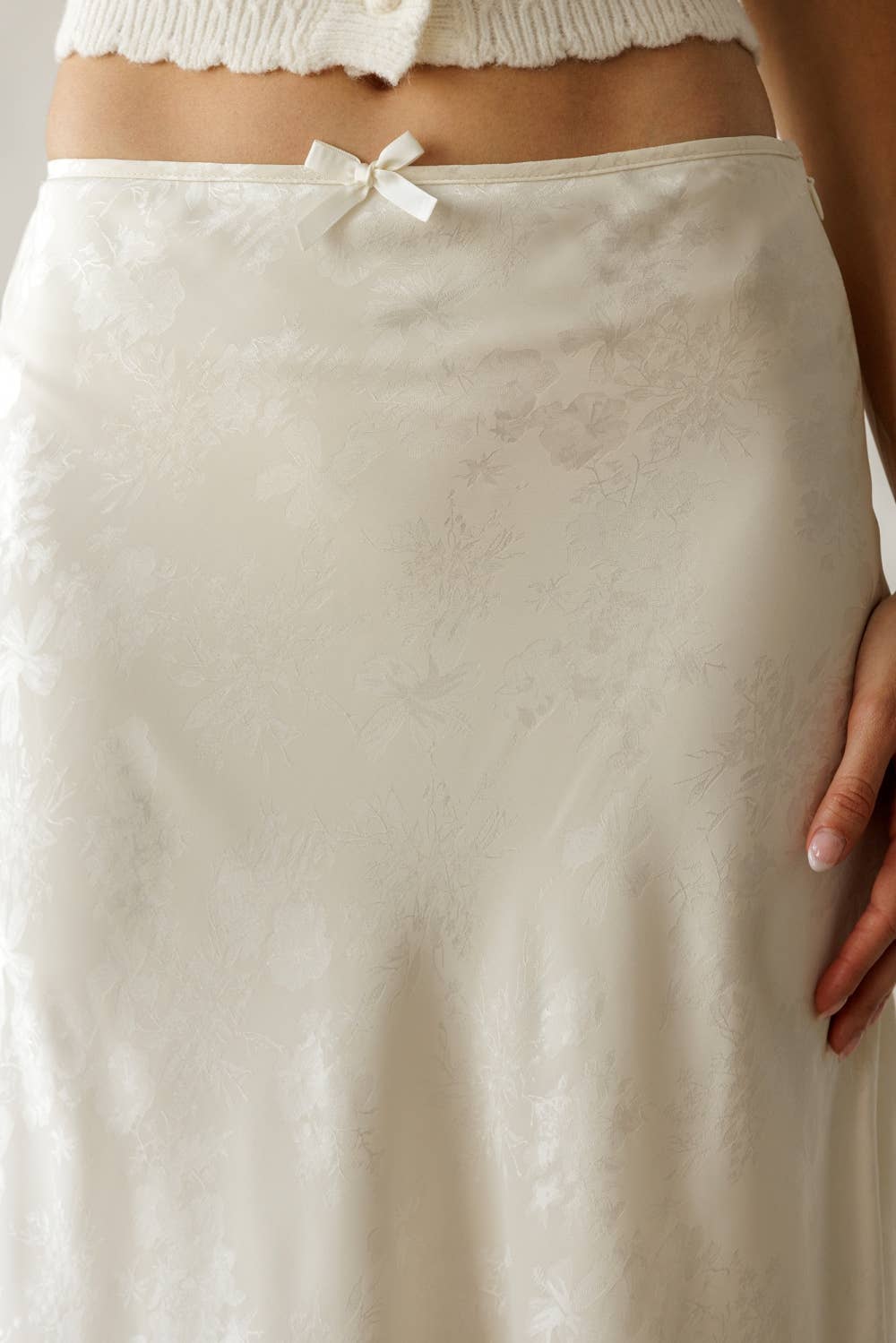Ivory Satin Lace Trim Midi Skirt