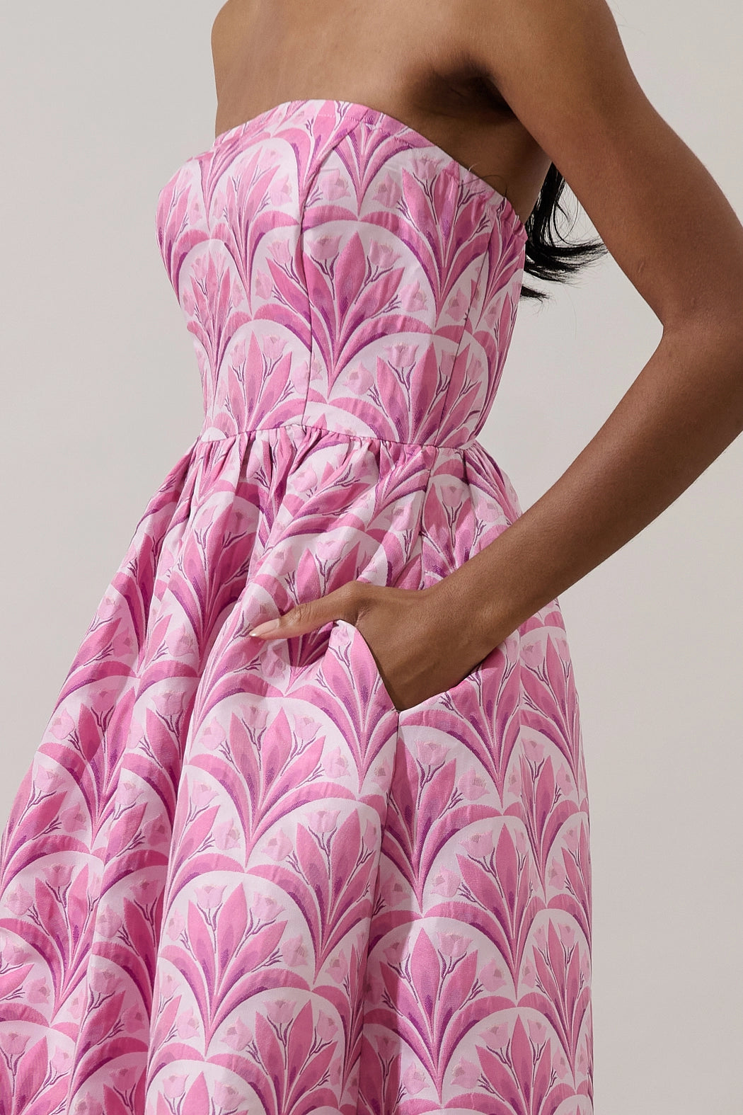 Pink Aurra Jacquard Strapless Midi Dress