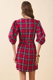 Plaid Puff Sleeve Ruffle Dress