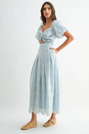 Blue Eyelet Puff Sleeve Maxi Dress