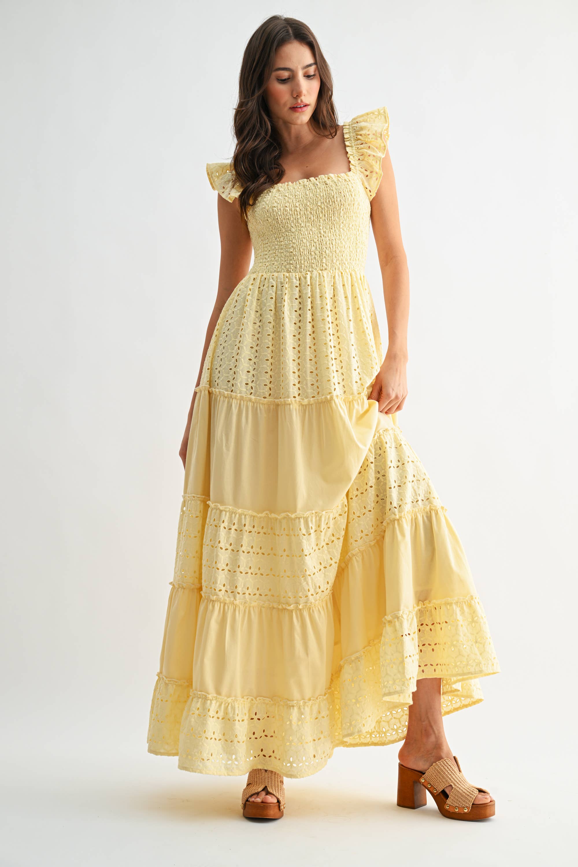 Yellow Eyelet Smocked Maxi Dress