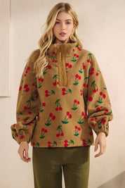 Cherry Printed Quarter Zip Sweater
