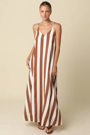 Brown & Cream Stripe Open-Back Maxi Dress