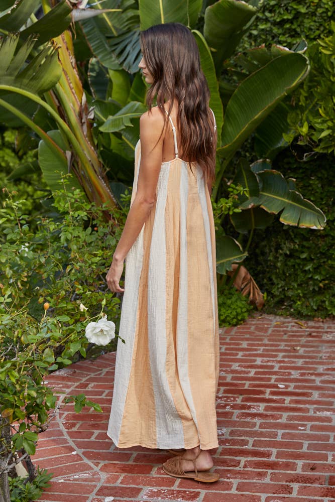 Orange & White Striped Cami Pintuck Midi Dress