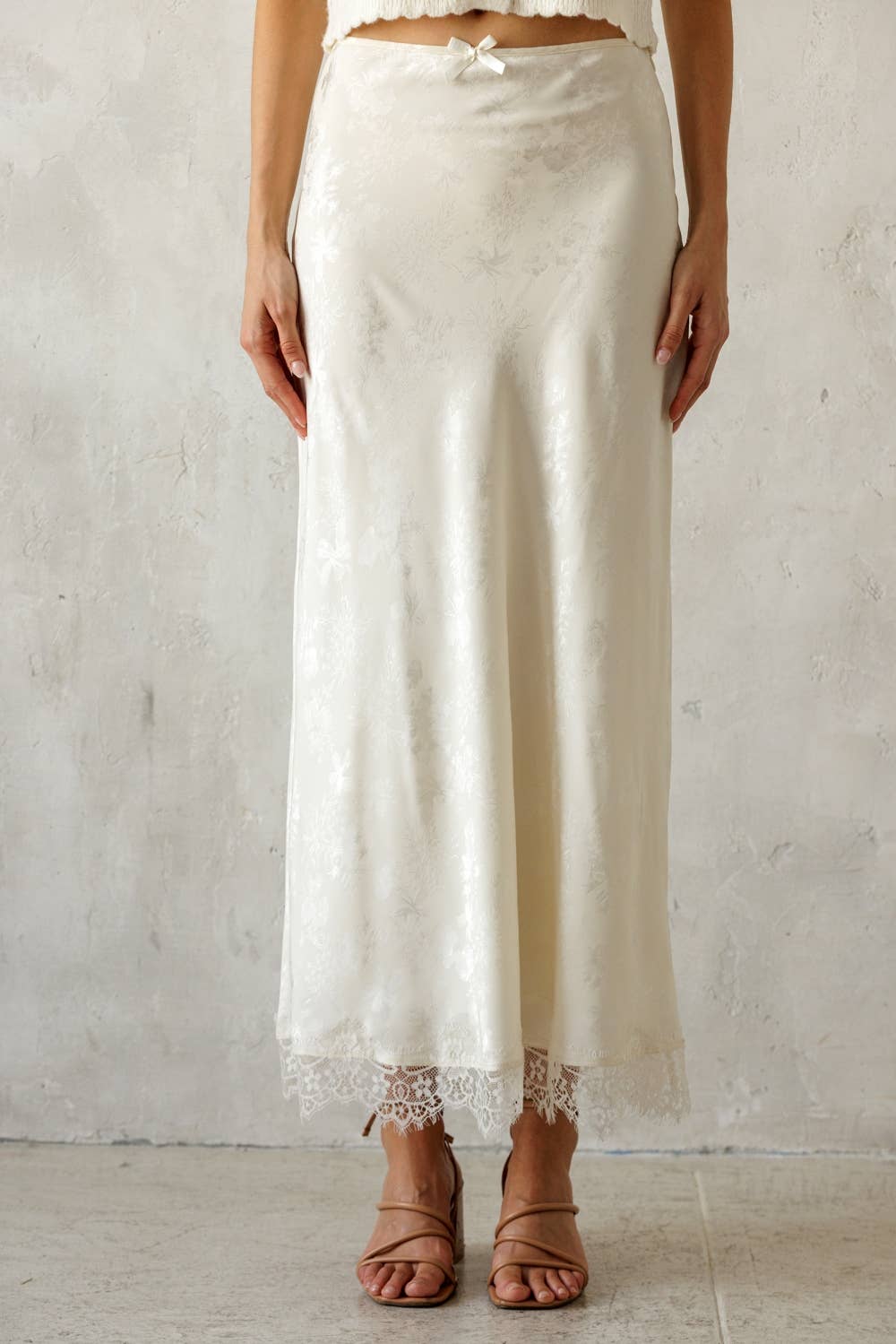Ivory Satin Lace Trim Midi Skirt