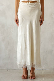 Ivory Satin Lace Trim Midi Skirt
