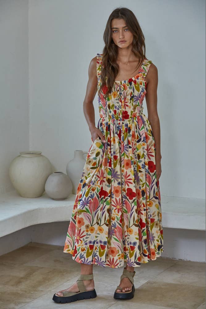 Cream Floral Print Sleeveless Dress