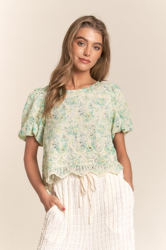 Green Embroidered Floral Puff Sleeve Top