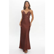 Brown Lace Trim Satin Maxi Dress